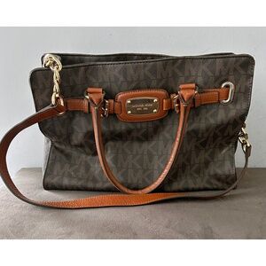Michael Kors Hamilton Large Brown Logo Purse w/ Gold Chain & Buckle Accents - P